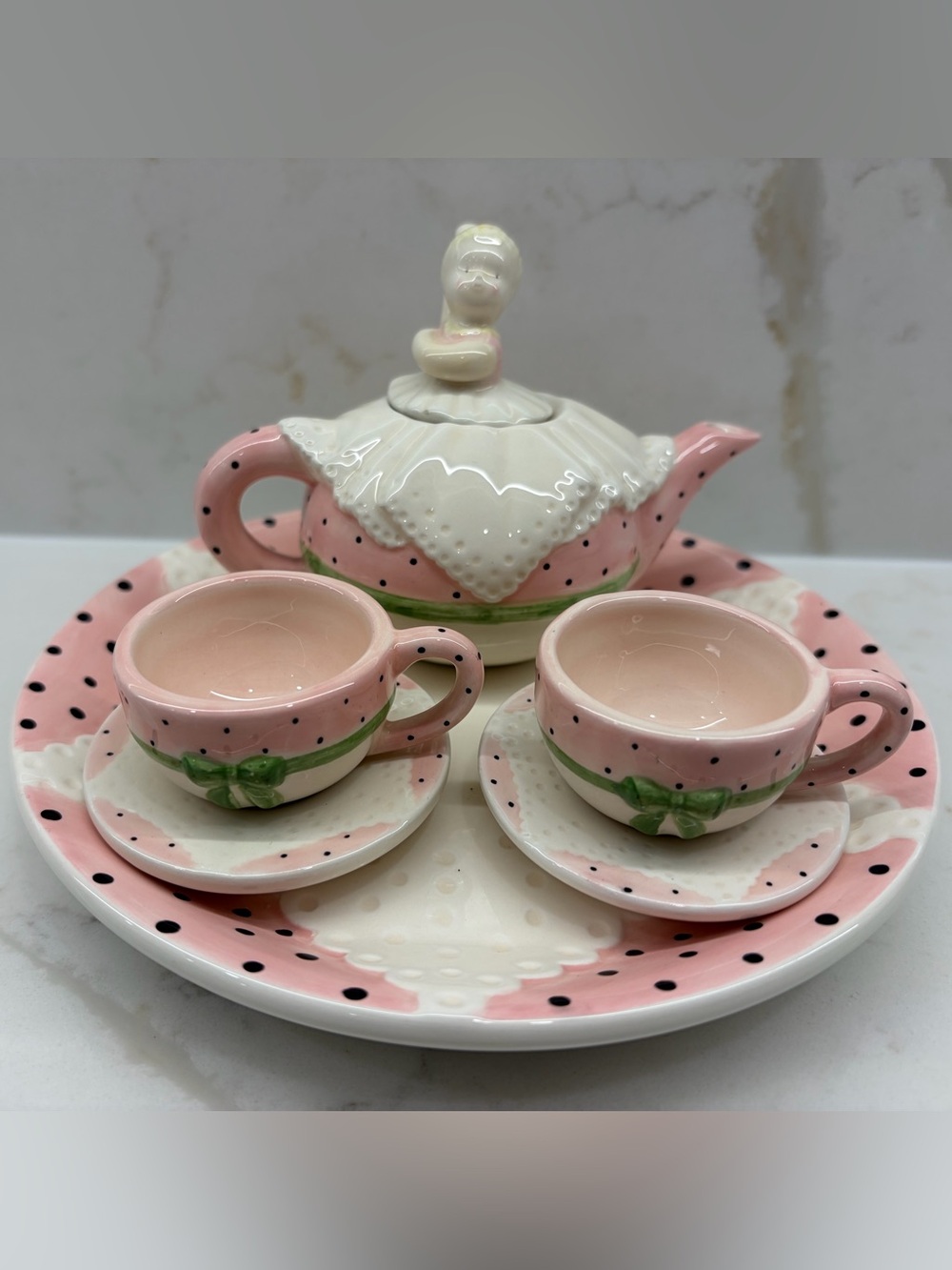 Vintage Mud Pie Pink and Green Ballerina Mini Ceramic Tea Set Bows Polka Dots